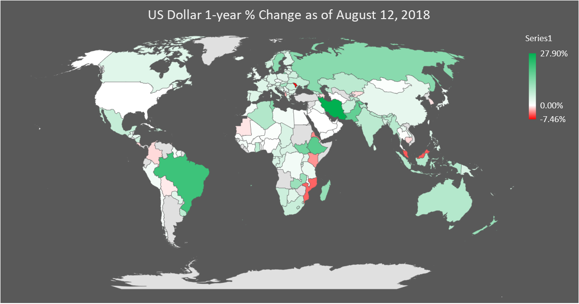 USD 1-year change mapped (data as of 12-August-2018)